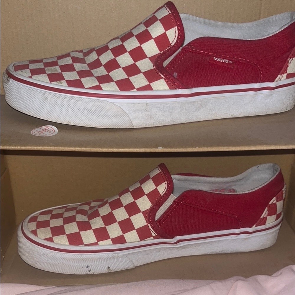 Vans Red and White Checkered Slip-On Sneakers